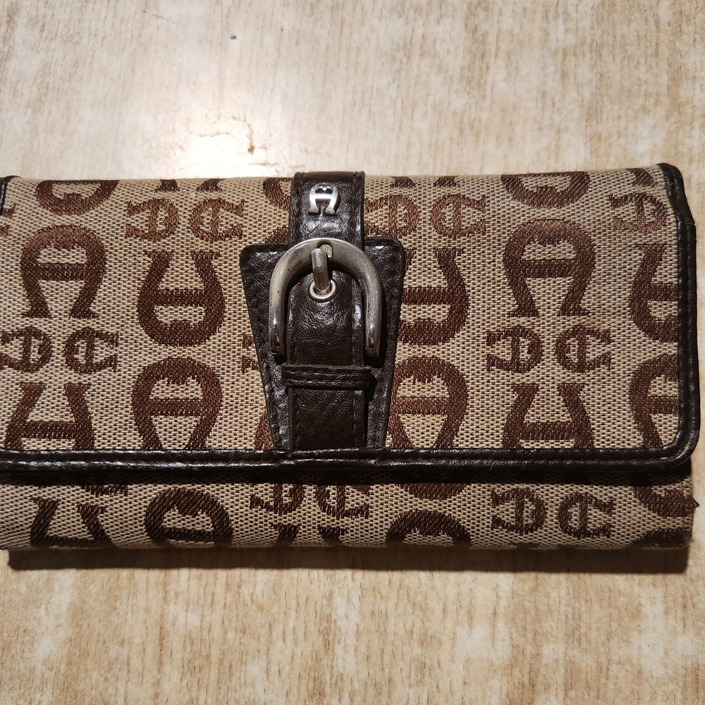 Etienne Aigner Brown and Tan Logo Wallet